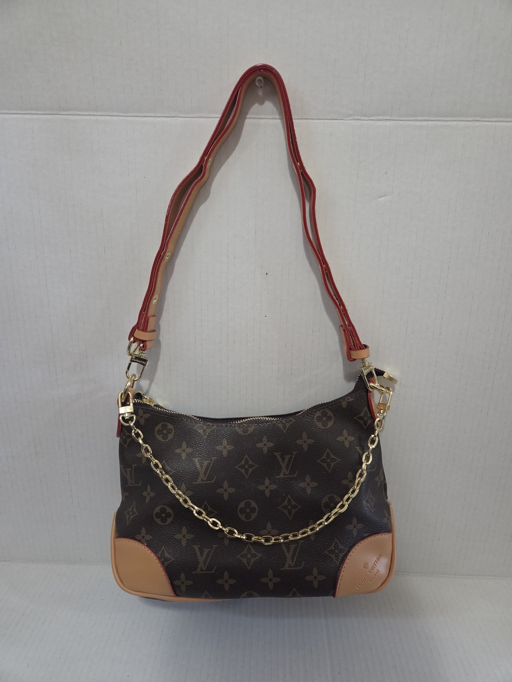 Brown Monogram Canvas Shoulder Bag with Red Strap
